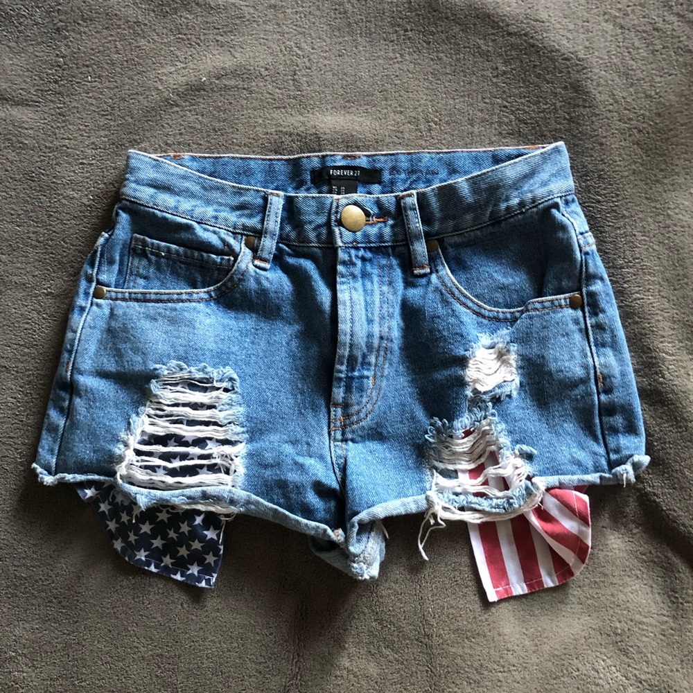 Forever 21 Distressed Denim USA Jean Shorts